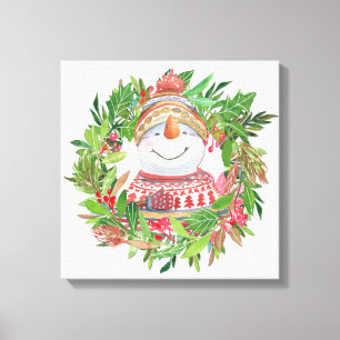 Lächelnd Snowman Weihnachtskranz Leinwanddruck