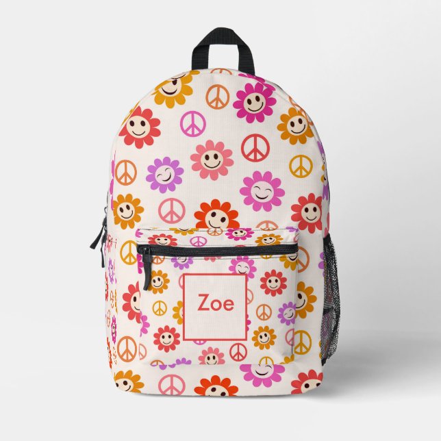 Lächelnde Blume mit Friedenszeichen Mädchenname Bedruckter Rucksack (Vorderseite)