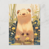 Lächelnde Capybara im Teich mit gelben Wildblumen