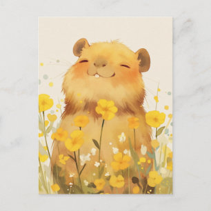 Lächelnde Capybara in sonniger gelber Wildblumenwi Postkarte
