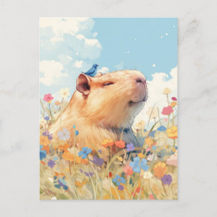 Lächelnde Capybara mit blauem Vogel auf einer Blum Postkarte