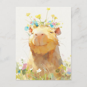 Lächelnde Capybara mit Wildblumenkrone Garten Postkarte