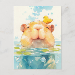 Lächelnde Capybara Schwimmt mit Kleinem Gelben Vog Postkarte