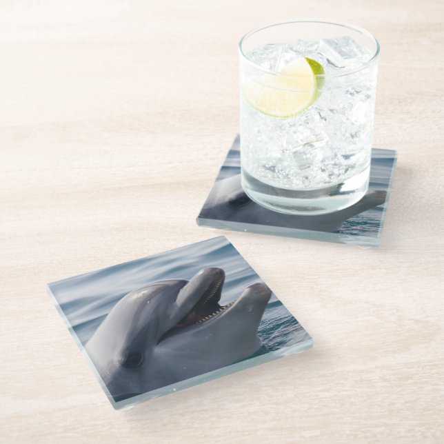 Lächelnde Dolphin Glasuntersetzer (Schrägansicht)