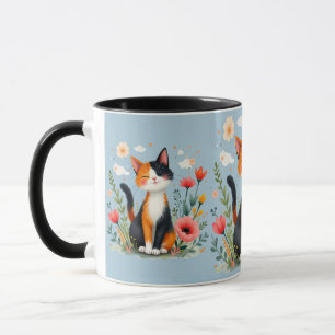 Lächelnde dreifarbige Katze im blühenden Garten Bl Tasse