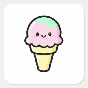 Lächelnde Eiscreme – süße Kawaii-Illustration Quadratischer Aufkleber