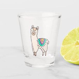 lächelnde glückliche Lama Alpaka Cartoon Tier Zeic Schnapsglas