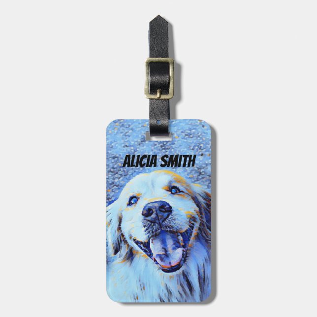 Lächelnde golden retriever-Hundeblau-Kunst Gepäckanhänger (Vorderseite vertikal)