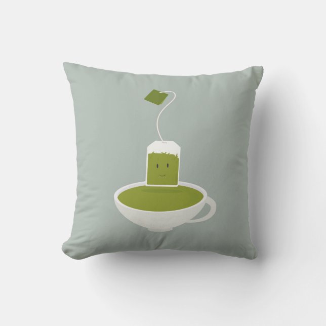 Lächelnde grüne Teetasche mit Teetasse Kissen (Vorderseite)