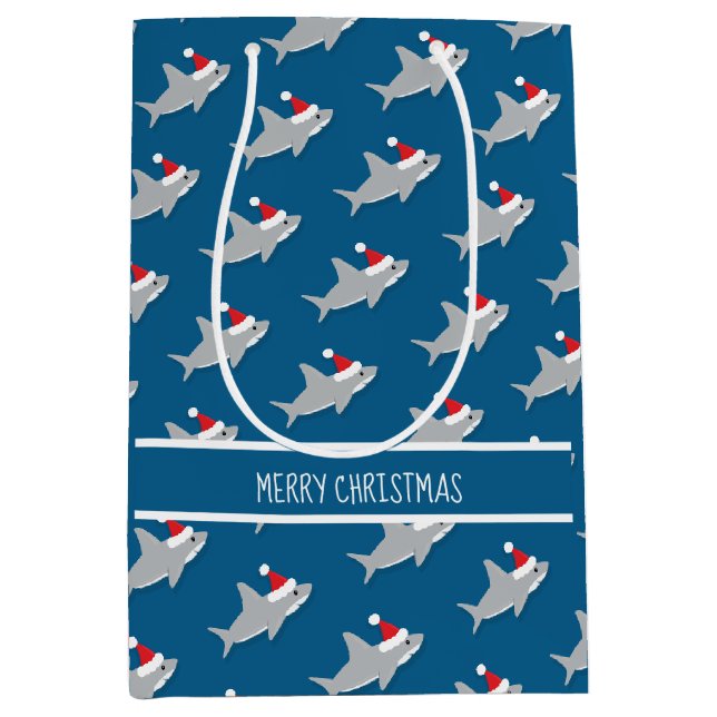 Lächelnde Haie in Weihnachtsmannmützen Geschenktas Mittlere Geschenktüte (Vorderseite)