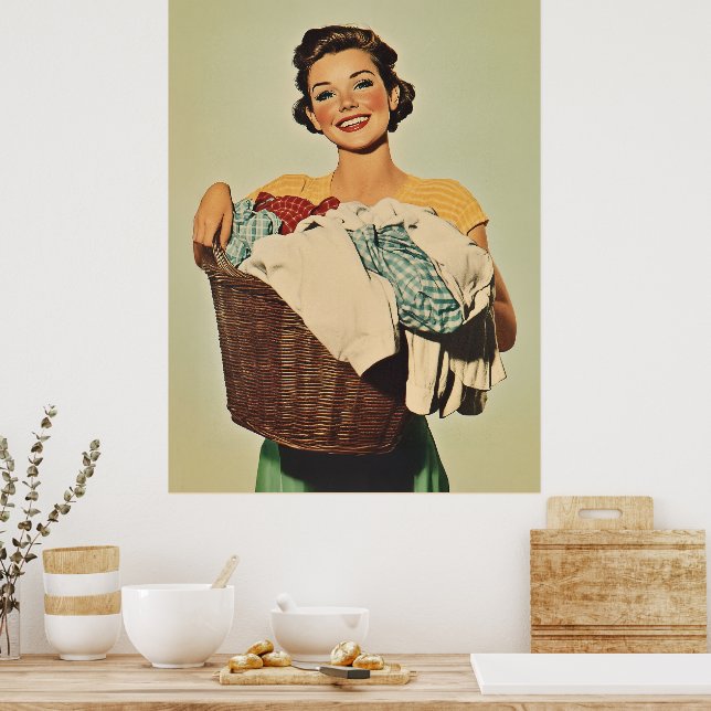 Lächelnde Hausfrau mit Waschkorb Poster (Küche)