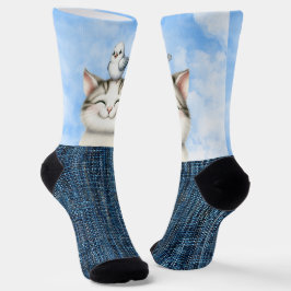 Lächelnde Kätzchen und Vögel Socken