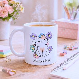 Lächelnde Katze mit Blumen-Monogramm Kaffeetasse