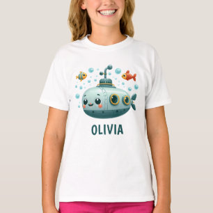 Lächelnde Kinder Süßes U-Boot mit Fischen und Blas T-Shirt