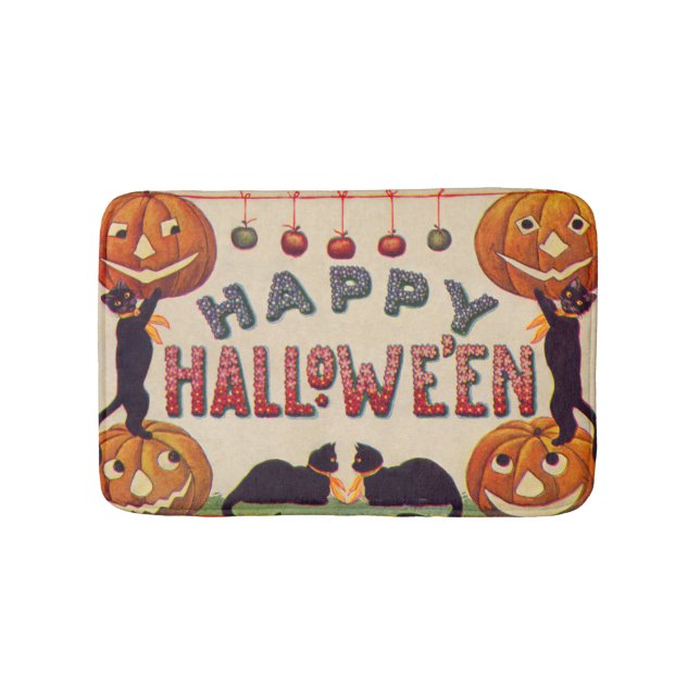 Lächelnde Kürbislaterne Pumpkin Black Cat Äpfel Badematte (Vorderseite)