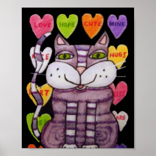 Lächelnde lila Valentinskatze Candy Hearts Schwarz Poster
