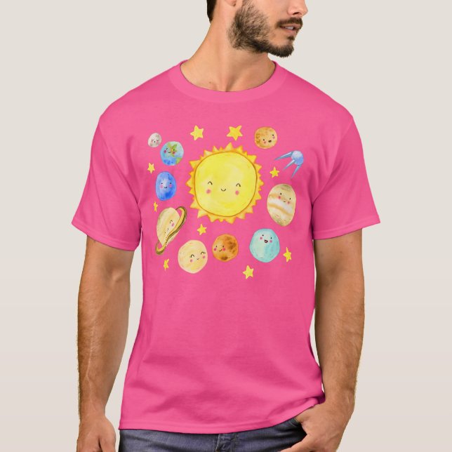 Lächelnde Planeten Niedliche Sonnensysteme Raumast T-Shirt (Vorderseite)
