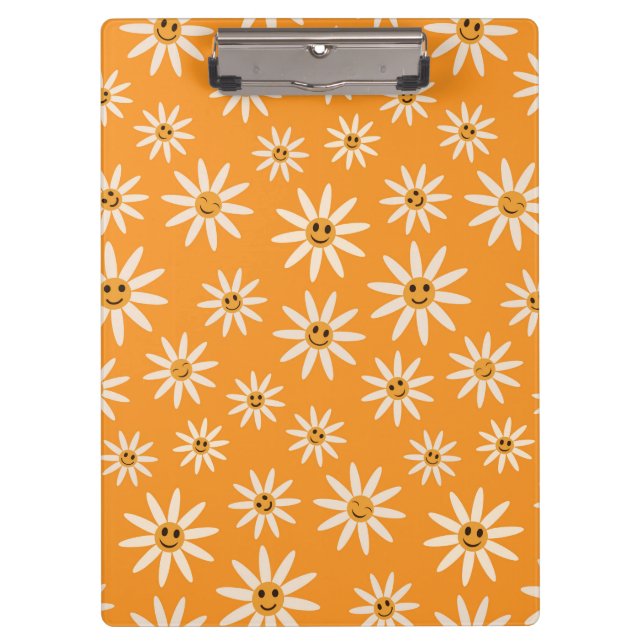 Lächelnde Retro-weiße Blume auf Orange Klemmbrett (Vorderseite)