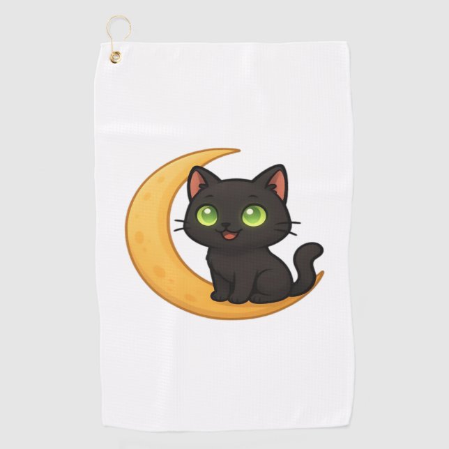 Lächelnde schwarze Katze mit leuchtenden grünen Au Golfhandtuch (Vorderseite)