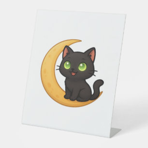 Lächelnde schwarze Katze mit leuchtenden grünen Au Sockelschild