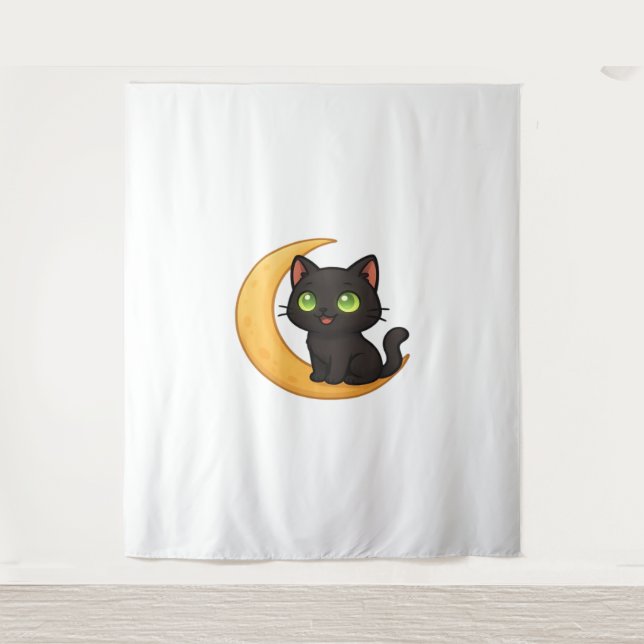 Lächelnde schwarze Katze mit leuchtenden grünen Au Wandteppich (Vorderseite)