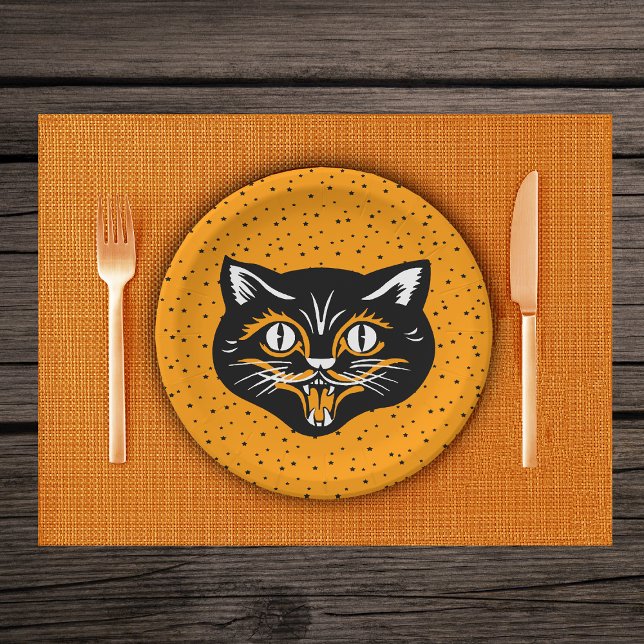 Lächelnde schwarze und orangefarbene Halloween-Kat Pappteller (Smiling Vintage black cat face with black stars on vibrant orange party paper plates.)