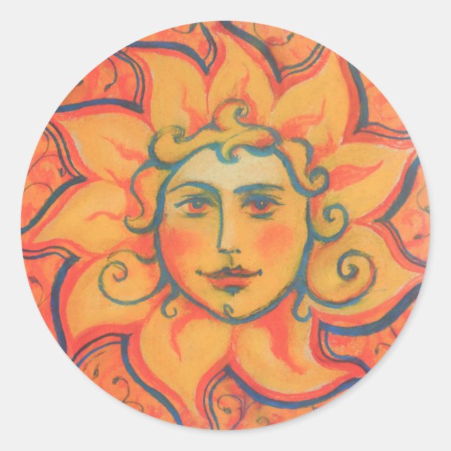 Lächelnde Sonne, Fairytale Fantasy Art, orange gel Runder Aufkleber (Vorderseite)