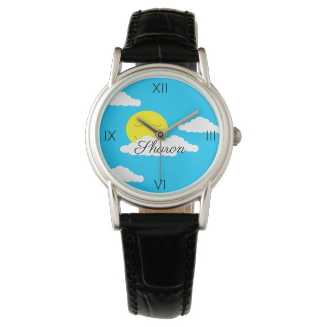 Lächelnde Sonne mit puffigen Wolken: Armbanduhr (Vorderseite)