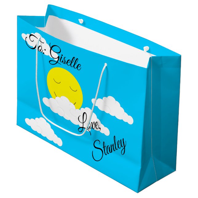 Lächelnde Sonne mit puffigen Wolken: Große Geschenktüte (Vorderseite Schrägansicht)