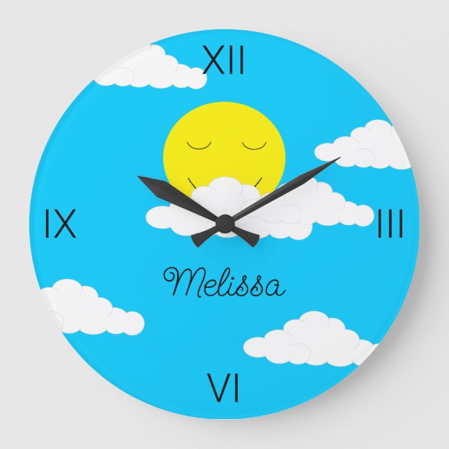 Lächelnde Sonne mit puffigen Wolken Große Wanduhr (Vorderseite)