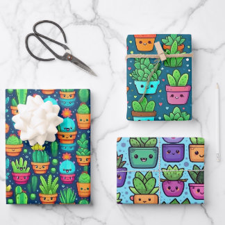 Lächelnde sukkulente und Kakteen Pflanze Niedliche Geschenkpapier Set