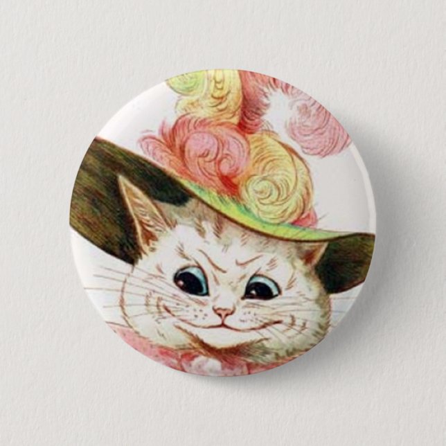 Lächelnde weiße Katze mit Hut Button (Vorderseite)