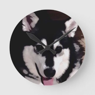 Lächelnder alaskischer Schwarzweiss-malamute Runde Wanduhr