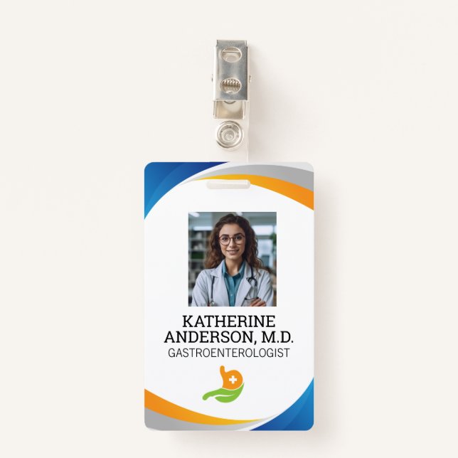 Lächelnder Arzt | Gastroenterologisches Logo Ausweis (Vorderseite mit Klammer)