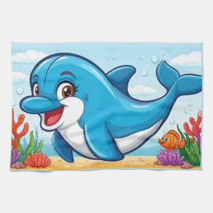 Lächelnder Cartoon-Delfin schwimmt Geschirrtuch