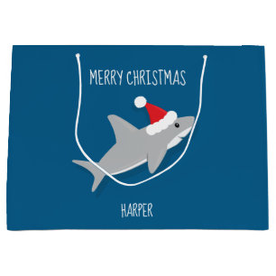 Lächelnder Cartoon Shark Weihnachtsmannmütze Wei Große Geschenktüte