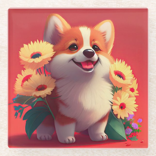 Lächelnder Corgi Hund mit Blume Glasuntersetzer (Vorderseite)