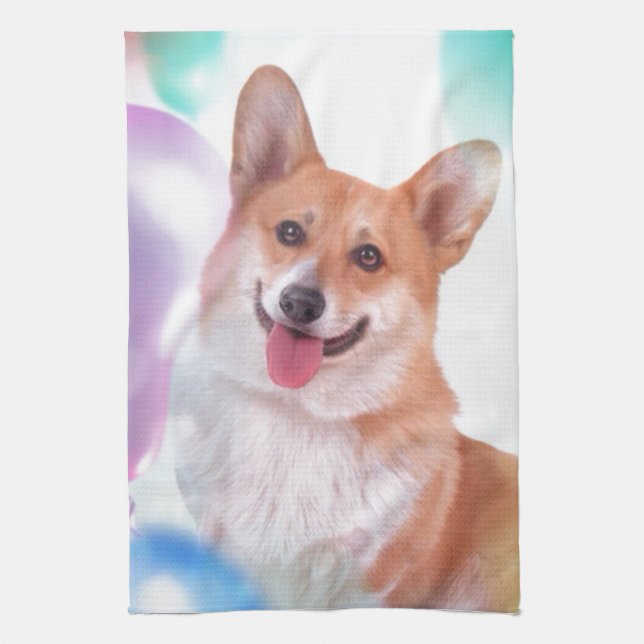 Lächelnder Corgi mit Ballonen Geschirrtuch (Vertikal)