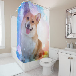 Lächelnder Corgi unter blauer Welle Duschvorhang
