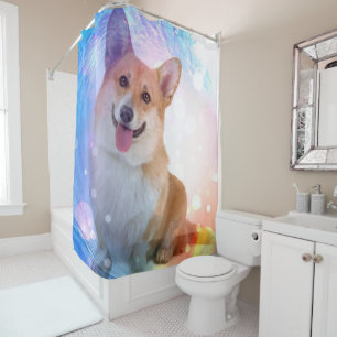 Lächelnder Corgi unter blauer Welle Duschvorhang