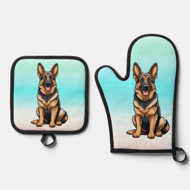 Lächelnder deutscher Schäferhund Ofenhandschuh & Topflappen-Set (Vorderseite)