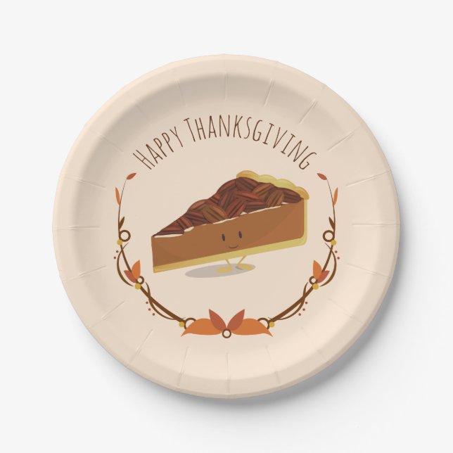 Lächelnder Erntedank Pecan Pie Slice Tan Brown Pappteller (Vorderseite)