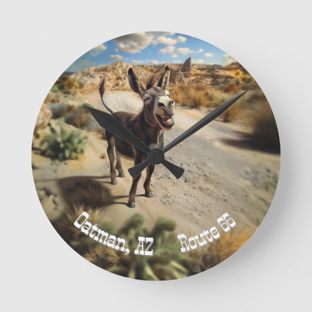 Lächelnder Esel, Oatman Arizona, Route 66 Runde Wanduhr (Vorderseite)
