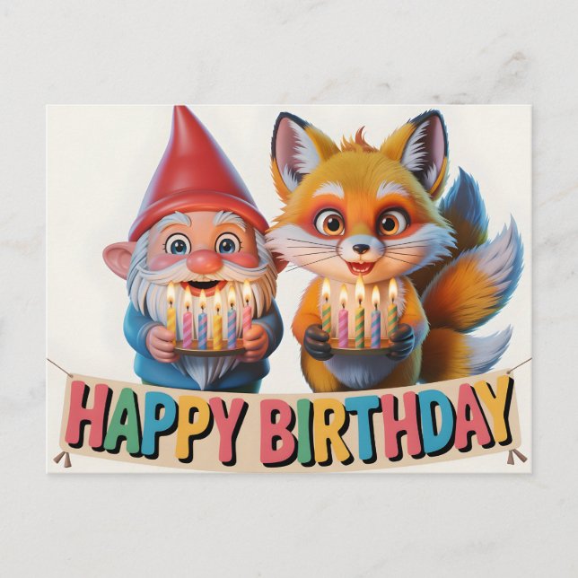 Lächelnder Gartenzwerg und Fuchs Geburtstag  Postkarte (Vorderseite)