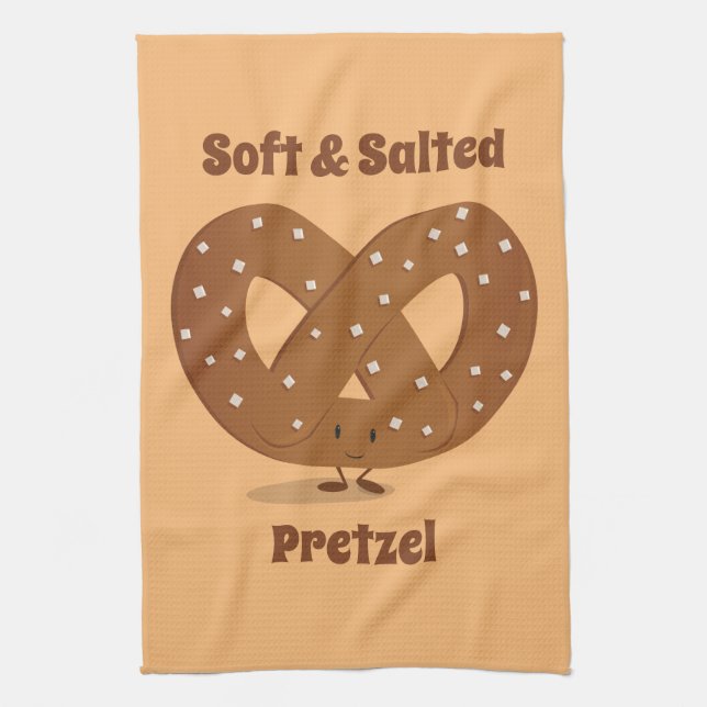 Lächelnder gesalzener Brezel-Cartoon-Charakter Geschirrtuch (Vertikal)
