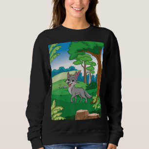 Lächelnder grauer Wolf, der den Wald mit Blu durch Sweatshirt