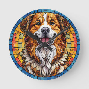 Lächelnder Hund mit Mosaik-Hintergrund Runde Wanduhr
