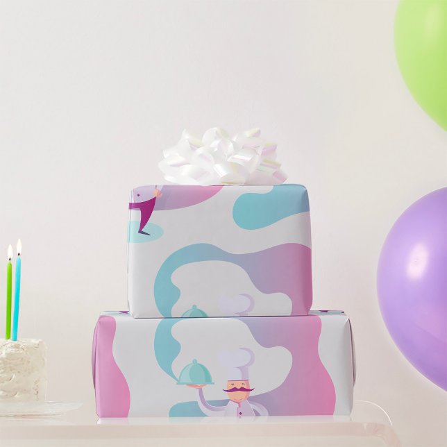 Lächelnder Koch mit Mustache und Serviertablett Geschenkpapier (Von Creator hochgeladen)