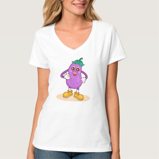 Lächelnder Niedlicher Cartoon von Eggplant T-Shirt (Vorderseite)