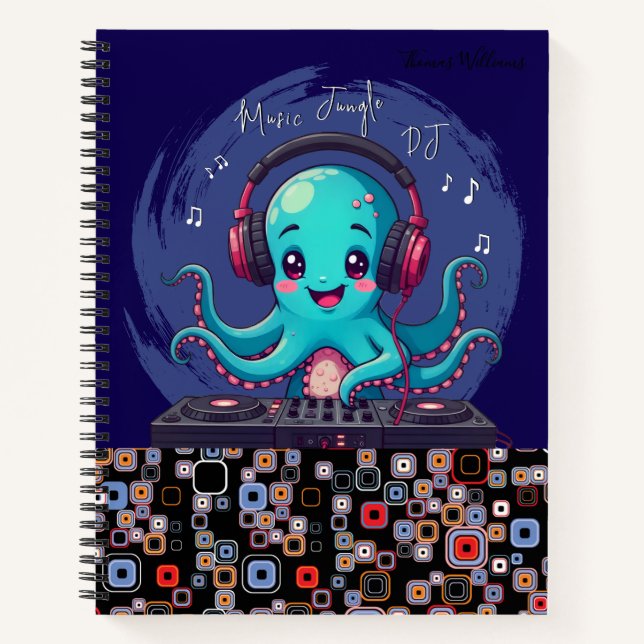Lächelnder Octopus DJ, glücklicher Musikjung Notizbuch (Vorderseite)